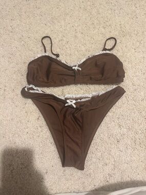SHEIN Brown Bikini Set with White Lace Trim